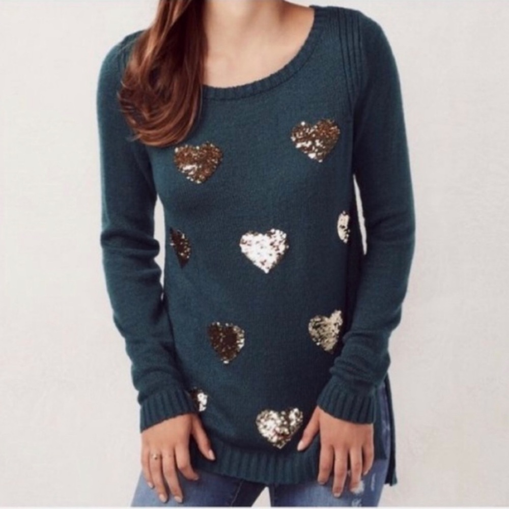 LC Lauren Conrad Green Crewneck Sweater with Sequin Hearts Size XS